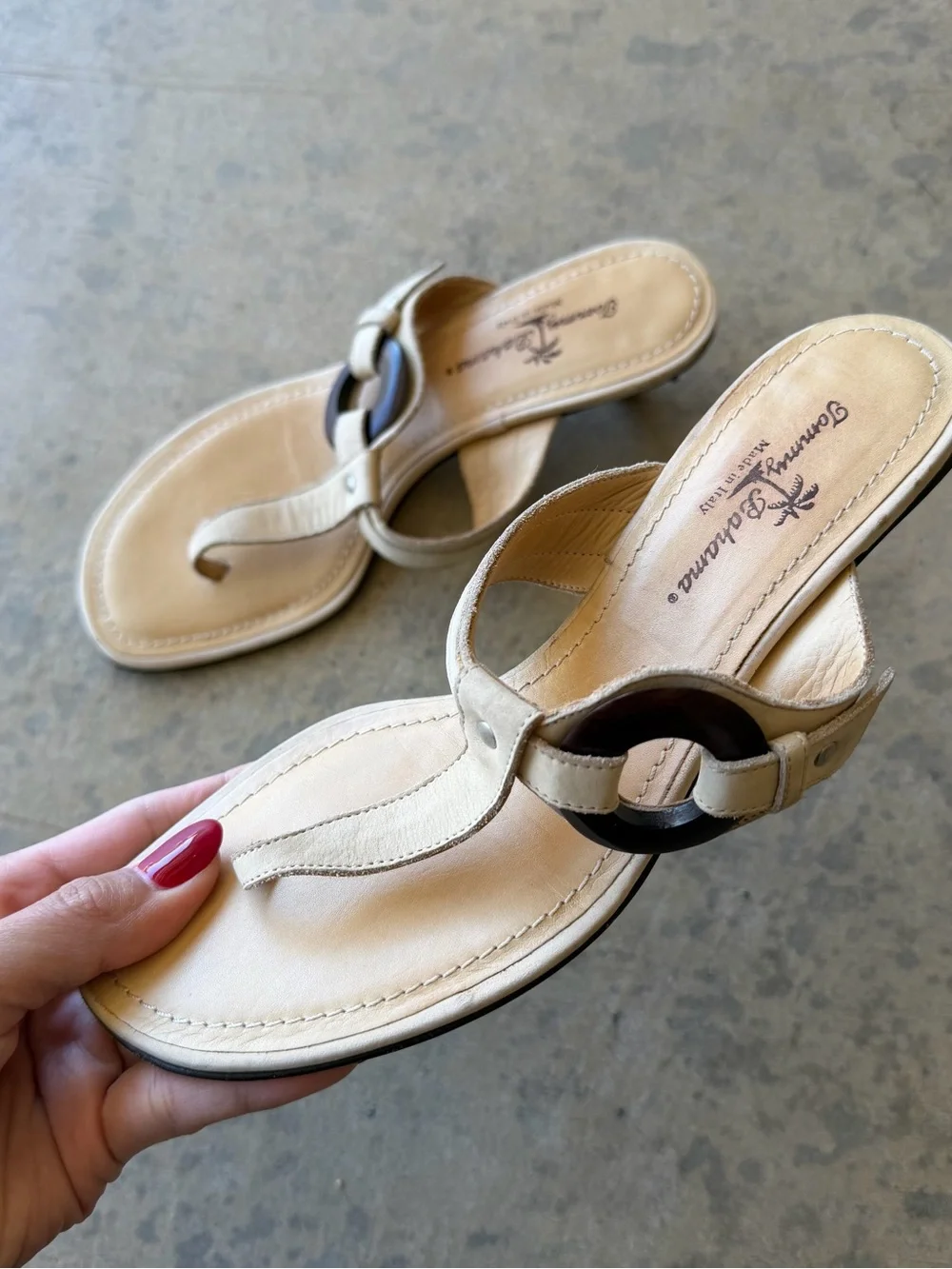 Tommy Bahama Cream T-Strap Heeled Sandals with Brown Ring Accent